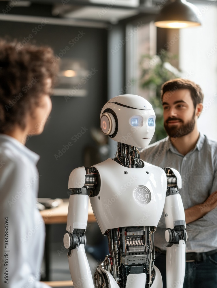 Fototapete a group of people interacts with an abstract ai system inside a stylish office environment, showcasi