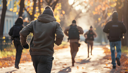 cropped shot of thief running from multiethnic police officers
