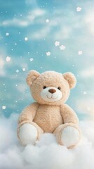 Soft bear sitting on fluffy clouds with blue background during a serene moment