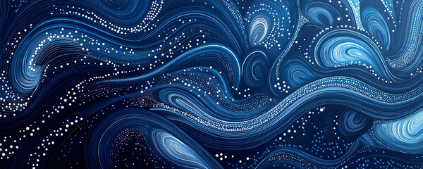 Aboriginal dotwork with a swirling pattern of blue and white dots on a dark background with fluid organic shapes and flowing lines, creating an abstract design.