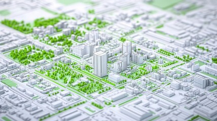 A detailed urban planning map with zoning designations, transportation hubs, and green spaces