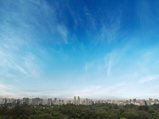 Vista aérea do Parque Ibirapuera em São Paulo, e o skyline da cidade ao fundo. Cenário urbano...