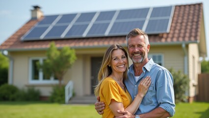 Couple joyfully embracing in front of their eco-friendly home with solar panels on the roof