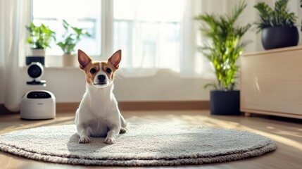 Naklejka na ściany i meble A small dog relaxes on a rug in a cozy pet-friendly indoor space equipped with a smart feeding station and ample natural light. Generative AI