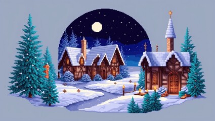 Fototapeta premium Wallpaper pixel art, retro styles christmas cottage in evening winter landscape