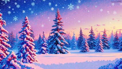 Obraz premium Pixel art style, illustration showing beautiful winter corner of snow-covered trees