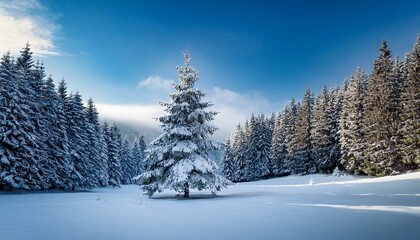 Image generated with AI. Christmas fir tree in snowy winter landscape