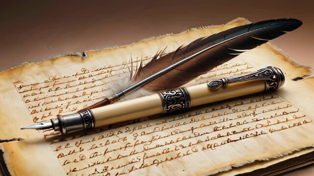 A quill and vintage fountain pen resting on an aged handwritten manuscript, evoking history, literature, and creative writing. 