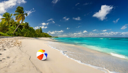 Obraz premium Tropical Beach with Colorful Beach Ball on Sandy Shoreline and Turquoise Waters Under a Clear Sky
