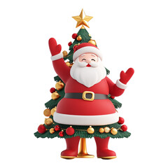 Fototapeta premium Santa Claus decorating a Christmas tree against transparent background for spreading holiday cheer or festive illustrations