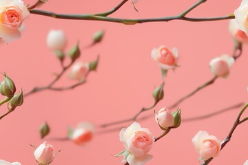 Pink rosebuds on branches with coral background, seamless pattern