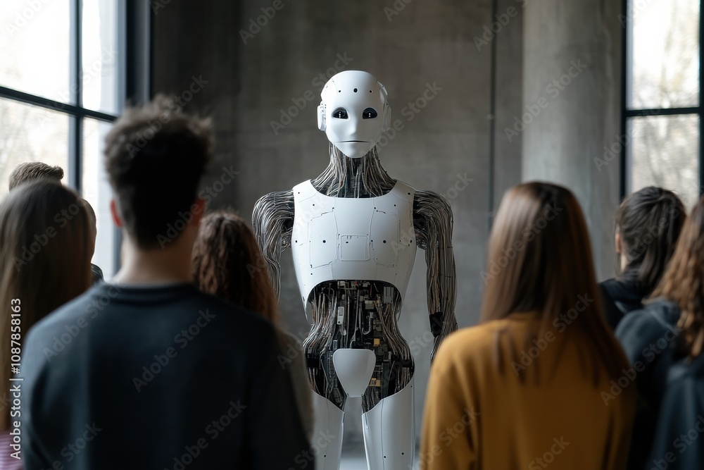 Fototapete students engage with a humanoid robot, exploring its features and capabilities during a technology w