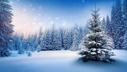 Fototapeta premium Winter forest with snow and christmas tree. 3d rendering.