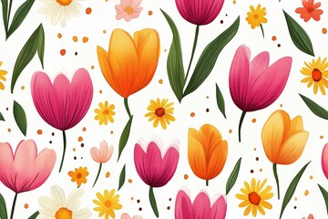 Vivid floral pattern with pink and orange tulips, seamless