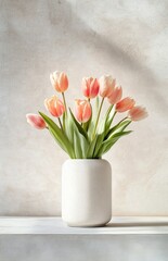 Obraz premium Minimalist vase with branches and a white cup on a wooden table in a serene setting