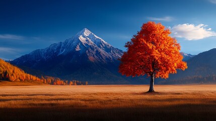 A lone tree in the middle of a field with a mountain in the background