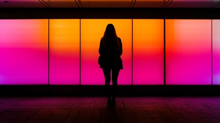 A silhouette of a person against a vibrant gradient wall of pink and orange hues.