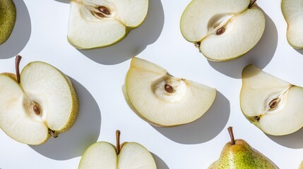 Freshly sliced yellow apples arranged creatively on a light background during a kitchen setup