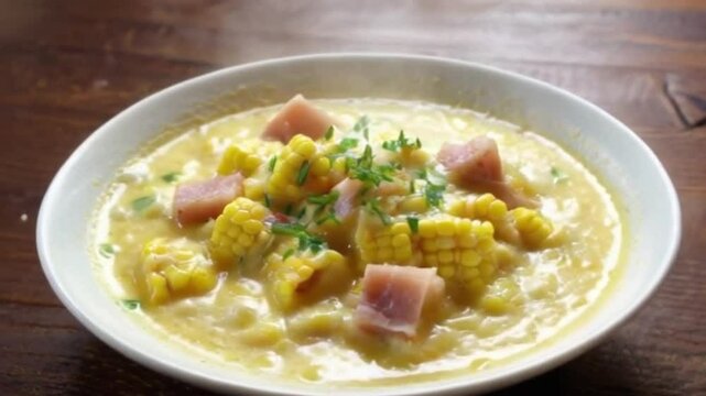 4K Overhead Shot of Rustic Wooden Table with Bowl of Corn Chowder, Chives, Ham, and Cheese