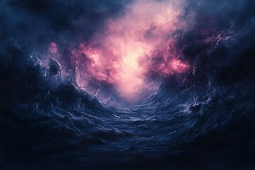 Fototapeta premium Dark dramatic storm clouds illuminated by pink light, creating a surreal atmosphere