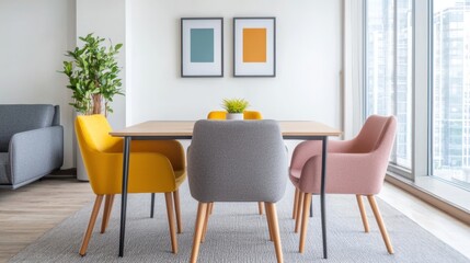 Bright and Welcoming Office Space Bathed in Warm Light with Colorful Chairs and Modern Decor for Productive Work Environment