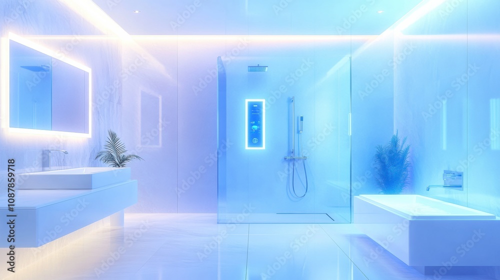 Aufkleber This contemporary bathroom showcases a sleek smart shower system with a touch panel for effortless temperature control and relaxation. Generative AI