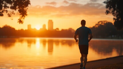 Fototapeta premium Motivated Individual Jogging Along the Shoreline at Sunset with a Vibrant Sky, Capturing the Essence of Outdoor Fitness and Healthy Living