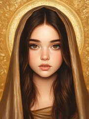 The female image of the Christian God, Jesus Christ in the guise of a beautiful innocent girl, a halo and an icon image