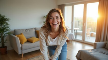 Obraz premium The woman stands in her inviting living room, laughing joyfully as sunlight pours in through large windows, creating a warm atmosphere