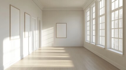 Obraz premium Bright Room With Empty Frames And Sunlight Streaming Through Windows