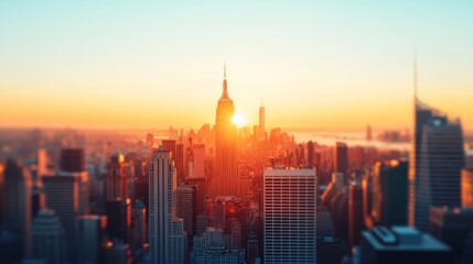 Obraz premium A Stunning Golden Hour Commute Scene with the Sun Setting Behind Skyscrapers in a Bustling Cityscape, Capturing Urban Vibes and Serene Moments