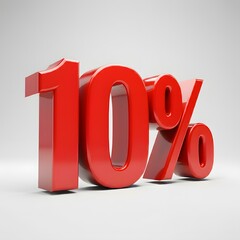 Vibrant 3D image of bold, glossy red text showing '10%' on a pure white background. The text features a sleek and modern design, with reflective and hyper-realistic details ideal for promotional and m