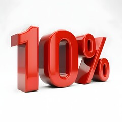 Vibrant 3D image of bold, glossy red text showing '10%' on a pure white background. The text features a sleek and modern design, with reflective and hyper-realistic details ideal for promotional and m