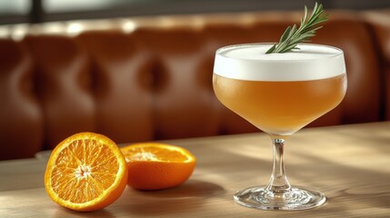 Fototapeta premium Delicious cocktails served with orange slices and herbs on a wooden table in a cozy bar setting