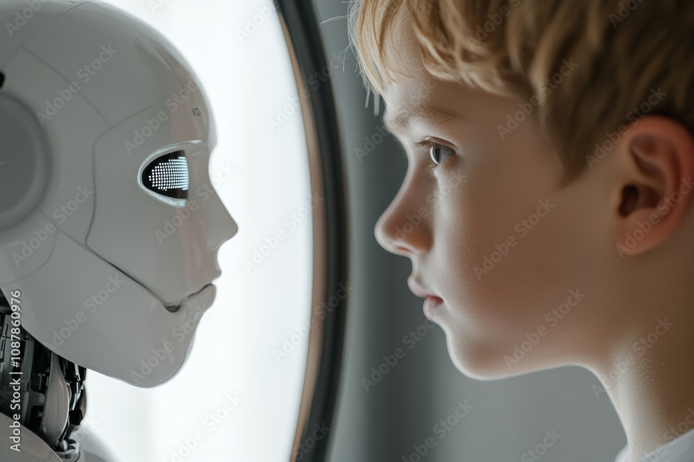 Leinwandbilder a young child looks intently at a digital mirror, where a robot reflection reveals a futuristic conn