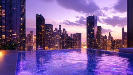 Fototapeta premium Skyline view of city skyscrapers at sunset with rooftop pool