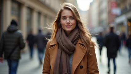 Obraz premium A woman stands confidently in a busy city street, surrounded by pedestrians. She wears a cozy scarf and a stylish coat, enjoying a sunny day
