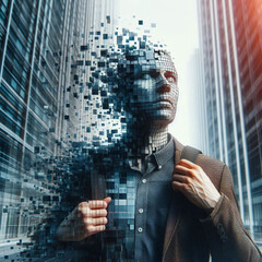 "Pixelated Humanity"
 A person partially pixelated like a glitch.