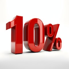 Vibrant 3D image of bold, glossy red text showing '10%' on a pure white background. The text features a sleek and modern design, with reflective and hyper-realistic details ideal for promotional and m
