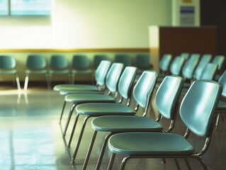 Empty Teal Chairs In A Waiting Room Setting