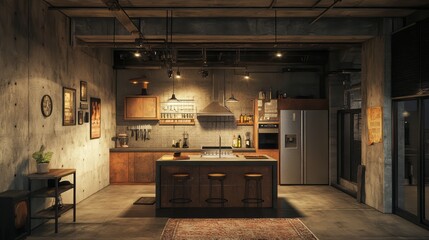 Industrial Loft Style Kitchen Design With Rustic Accents