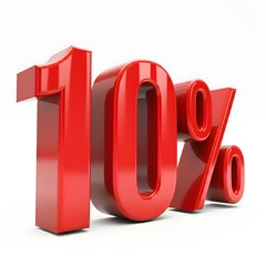 Vibrant 3D image of bold, glossy red text showing '10%' on a pure white background. The text features a sleek and modern design, with reflective and hyper-realistic details ideal for promotional and m