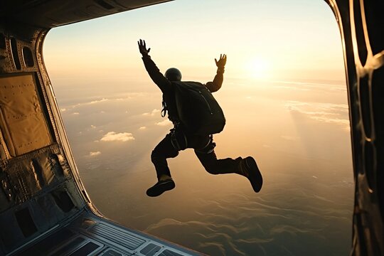 Silhouette of parachutist jumping from an airplane at sunset, experiencing the thrill of freefall above a beautiful landscape