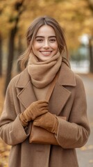 Fototapeta premium Outdoor autumn portrait of happy smiling fashionable woman wearing trendy outfit: brown coat, turtleneck sweater, suede gloves, with stylish faux leather shoulder bag. Copy, empty space for text
