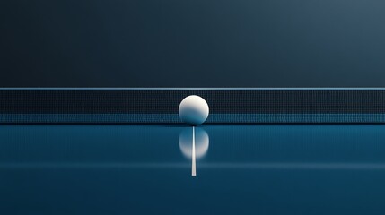 A ping pong ball rests on the edge of a blue table during an intense game at nighttime