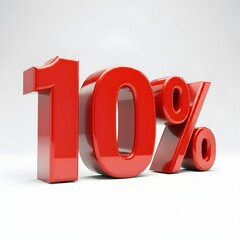 Vibrant 3D image of bold, glossy red text showing '10%' on a pure white background. The text features a sleek and modern design, with reflective and hyper-realistic details ideal for promotional and m
