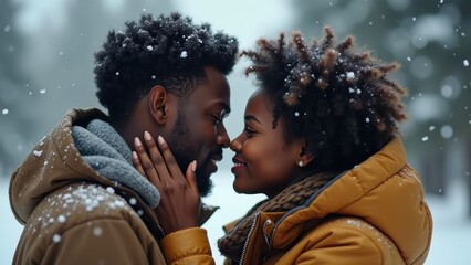 In a beautiful winter setting, a couple stands close, their cheeks nearly touching, sharing a loving gaze amidst falling snowflakes. They radiate warmth and affection