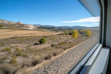 Train journey view, capturing serene landscape from a railway window, offering glimpse of passing...