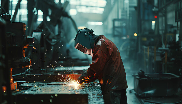 Man Industrial welder worker using a welding torch on metal in a factory. welding worker team working arc weld metal joint production in heavy industry danger and risk workplace with eyes safety