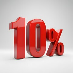 Vibrant 3D image of bold, glossy red text showing '10%' on a pure white background. The text features a sleek and modern design, with reflective and hyper-realistic details ideal for promotional and m